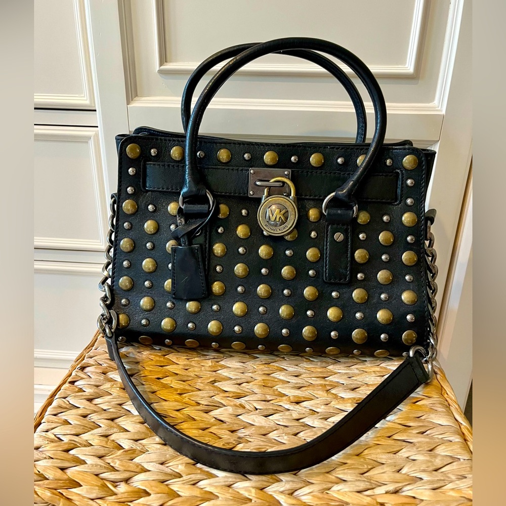 MICHAEL KORS HAMILTON Rare Limited Edition. Medium Black Studded Leather Satchel